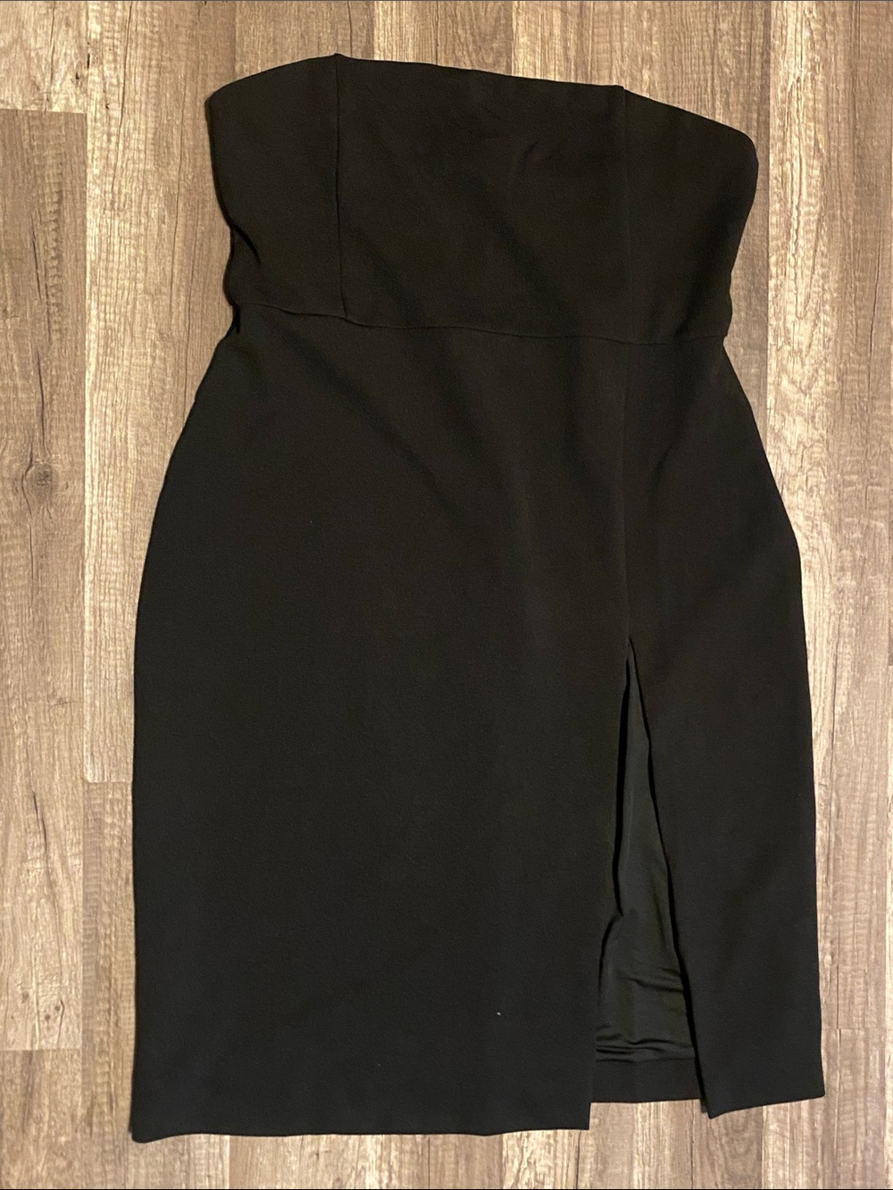 Meshki Black Strapless Midi Dress with Front Slit